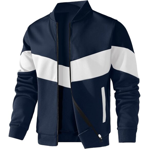 Men's Blue/White/Blue Lightweight Jacket Color Block Casual Bomber Jacket - Picture 1 of 5